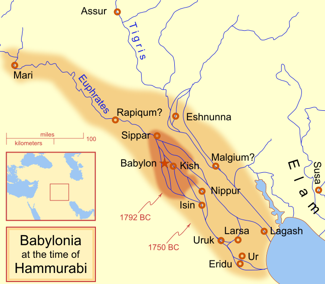 Hammurabi döneminde Babil haritası. Haritada Dicle ve Fırat Nehirleri ile civarı gösterilmektedir. İmparatorluk kahverengiyle, Babil ve civarı kırmızıyla gösterilmiştir.